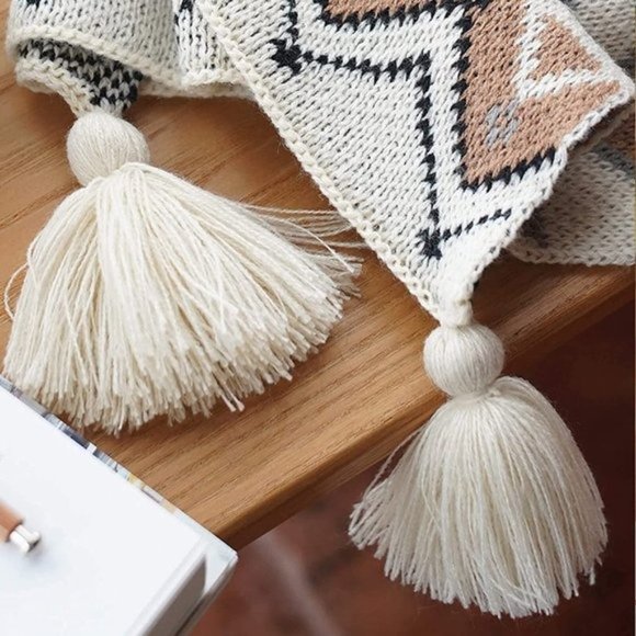 Boho Aztec Geometric Farmhouse Knitted Tassel Brown Soft Vintage Throw Blanket - Picture 6 of 7
